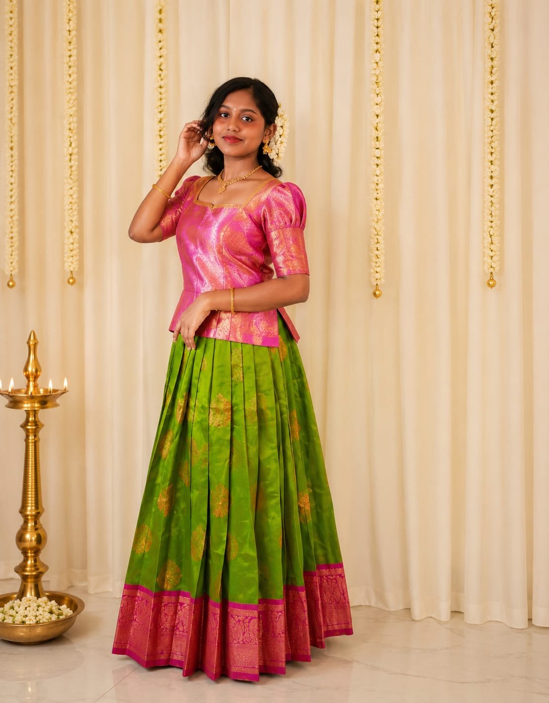 Traditional Green & Magenta Pattu Pavada Set - Image 3